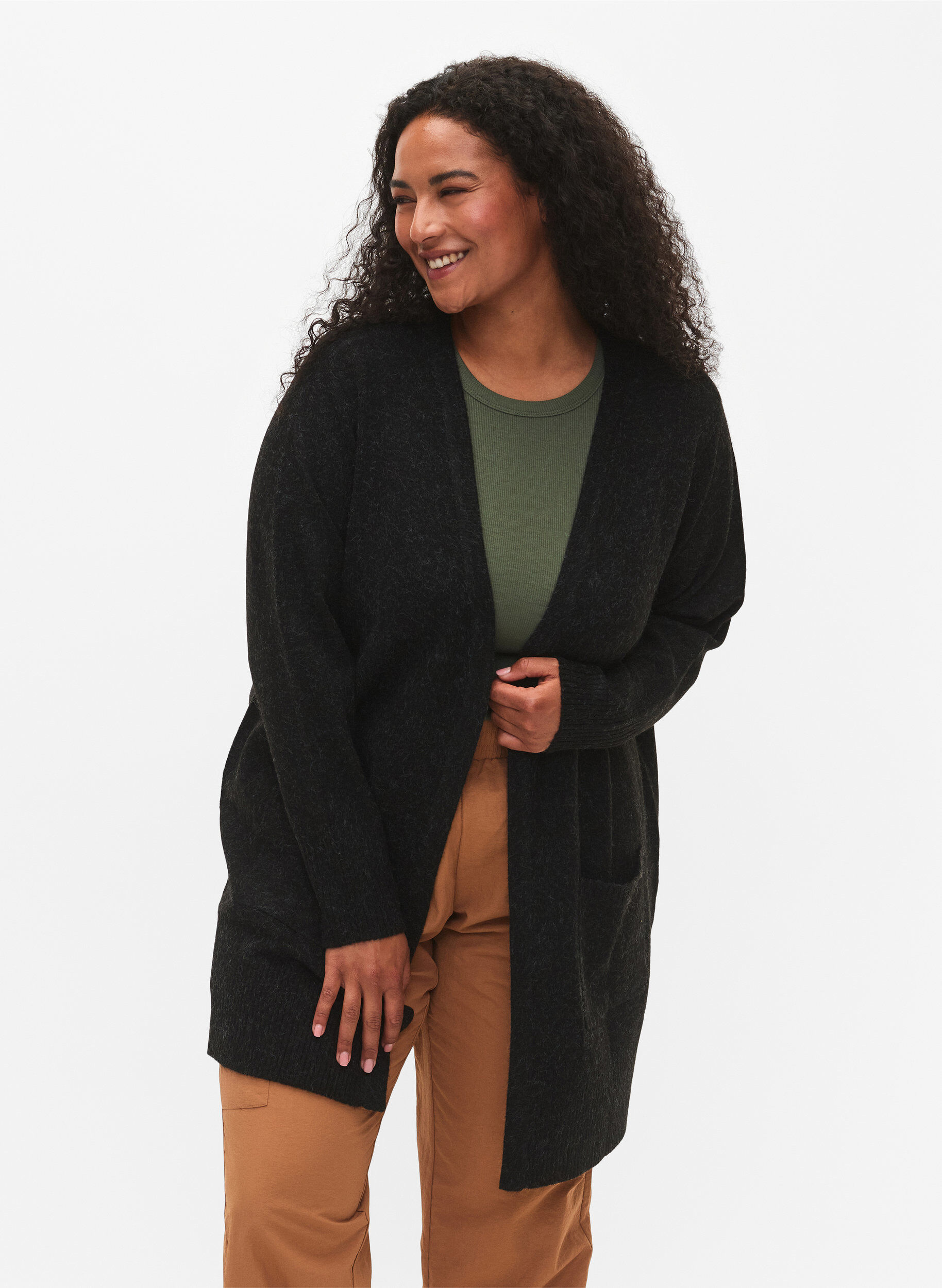 Cardigan tricot&eacute; mouchet&eacute; avec poches, Gris anthracite, Model