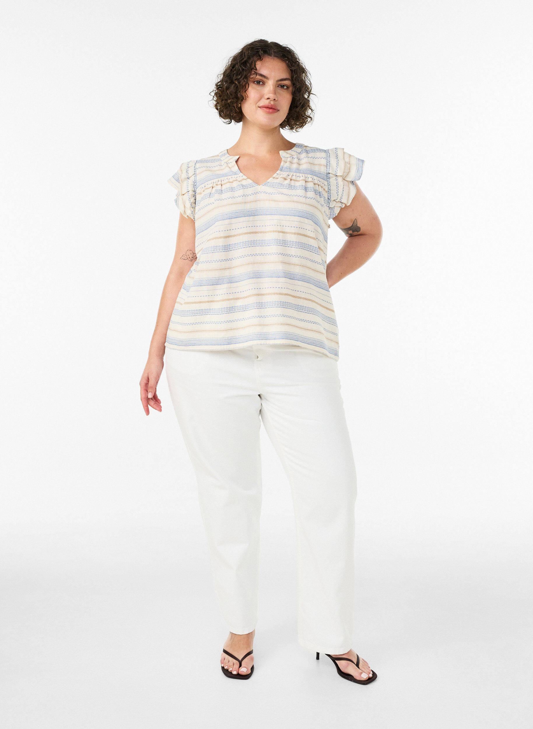 ZizziMouwloze blouse met ruches en gestreept patroon, Vanille, Model image number 1