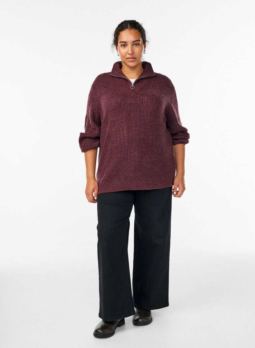 Gebreide trui met hoge hals en rits, Rood, Model image number 1