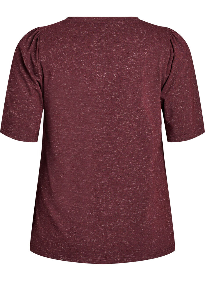 T-shirt met glitters en korte pofmouwen, Donker Bordeaux, Packshot image number 1