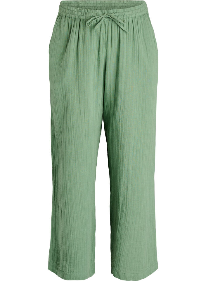 High-waist katoenen mousseline broek met losse pijpen, Groen, Packshot image number 0