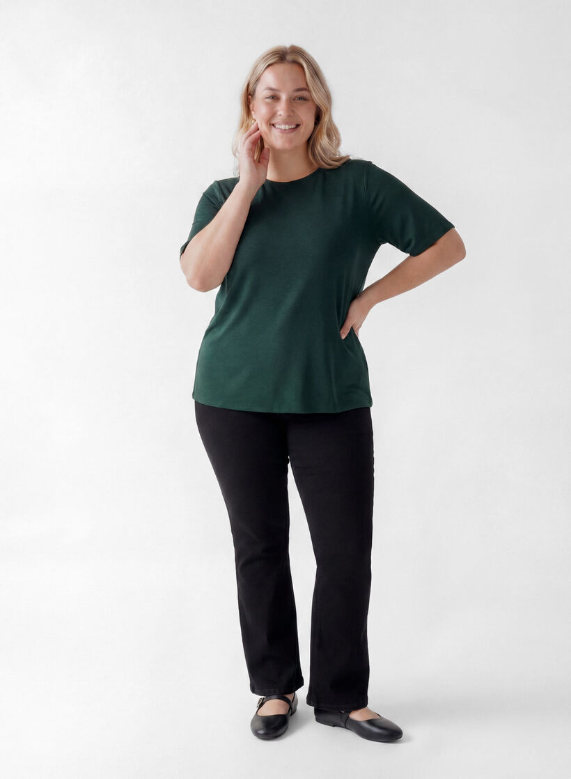 Geweven blouse met korte mouwen en ronde hals, Groen, Model image number 1