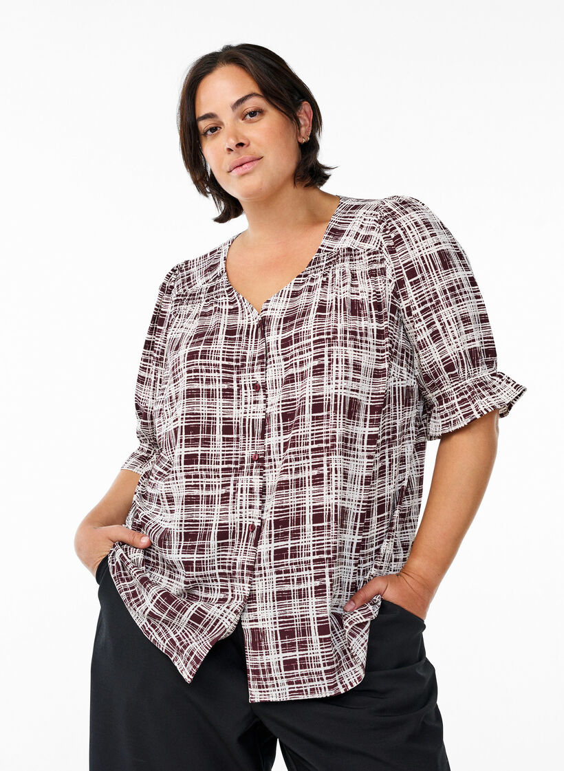 Shirtblouse met 1/2 mouwen, Donker Bordeaux, Model image number 0