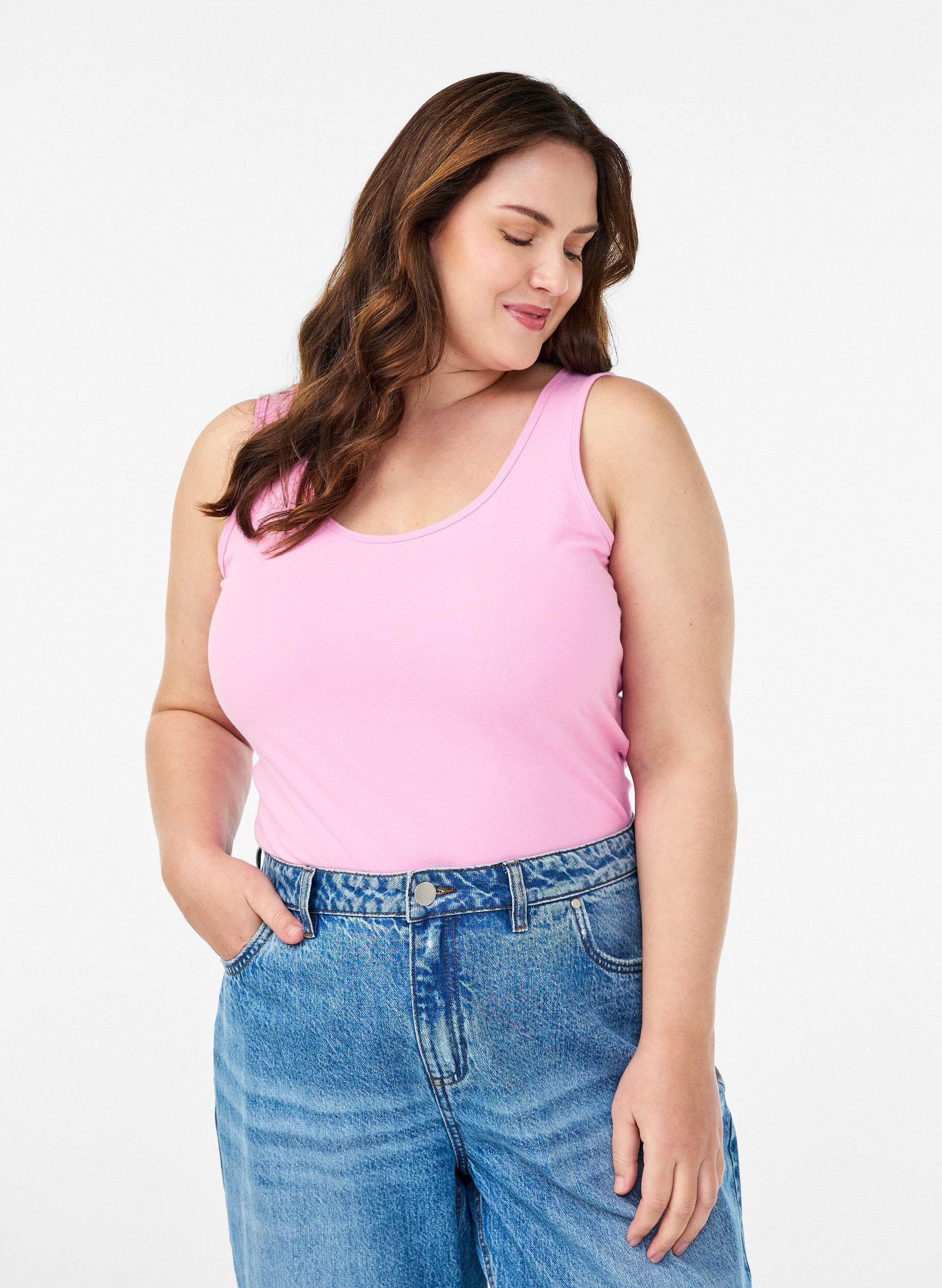 ZizziSolide kleur basis top in katoen, Roze, Model image number 0