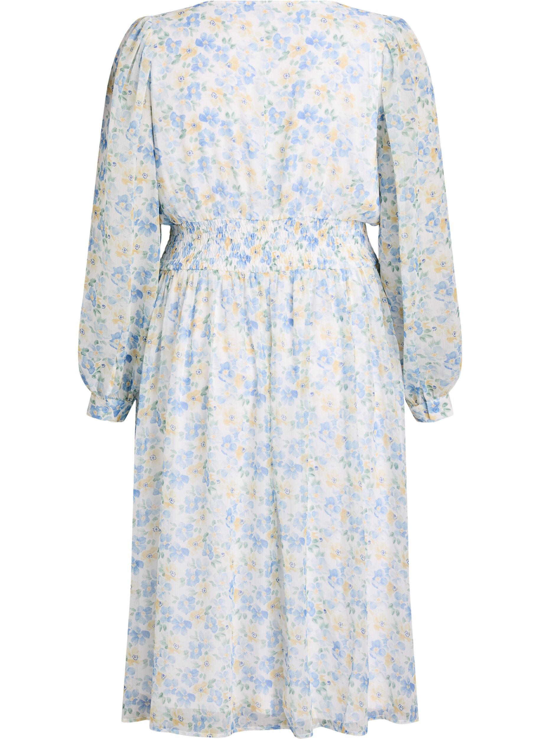 ZizziMidi jurk met bloemen, wikkellook en smock, Blauw, Packshot image number 1