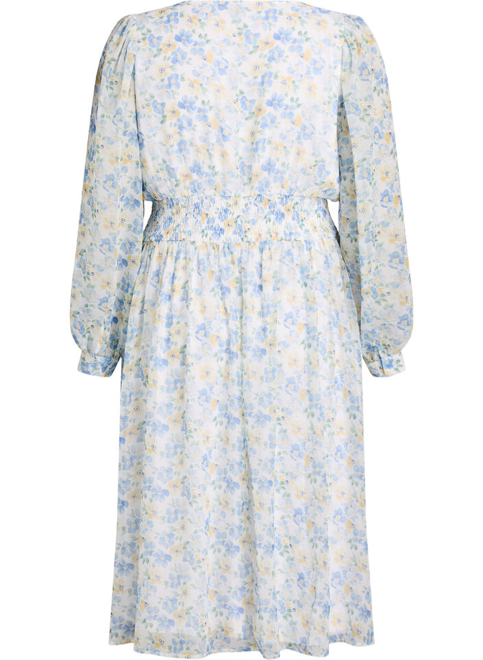 Midi jurk met bloemen, wikkellook en smock, Blauw, Packshot image number 1