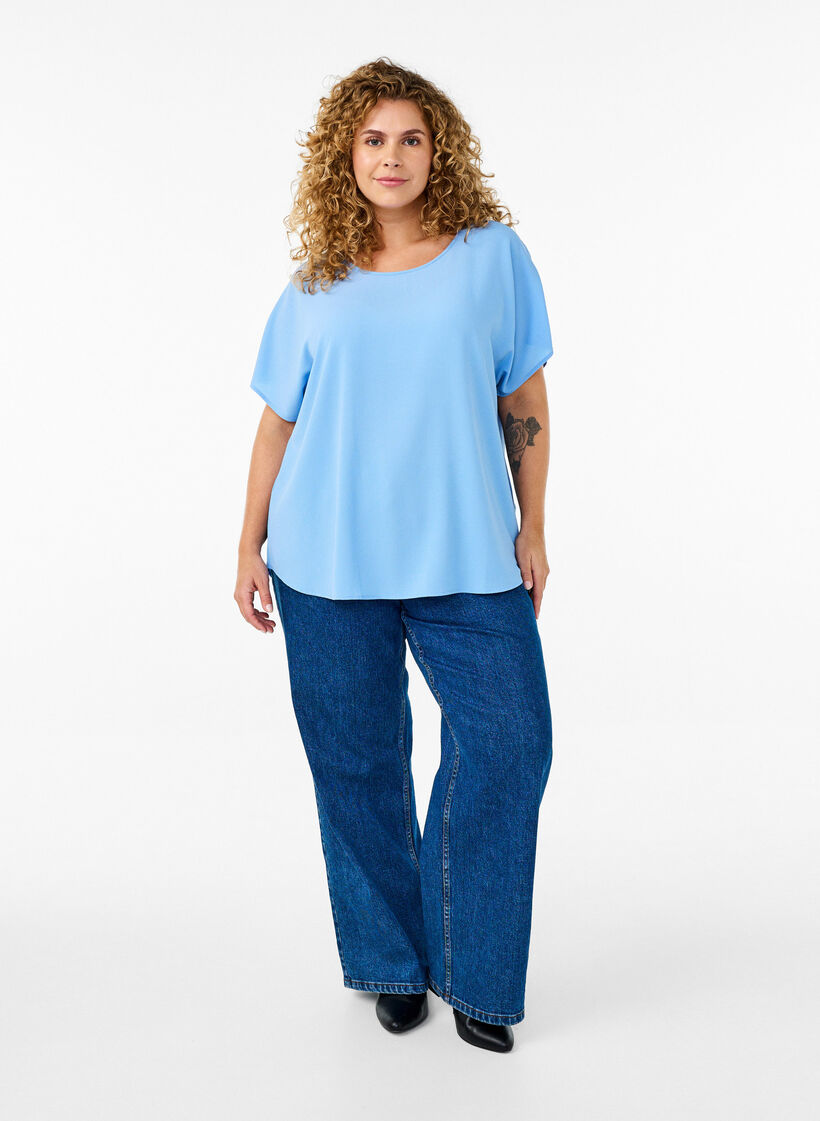 Blouse met korte mouwen en een ronde halslijn, Blauw, Model image number 1