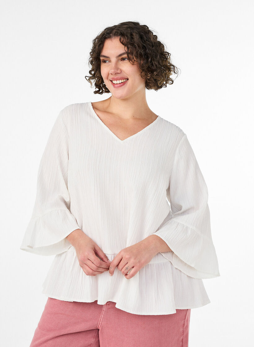 Blouse met textuur, V-hals en ruches, Vanille, Model image number 0