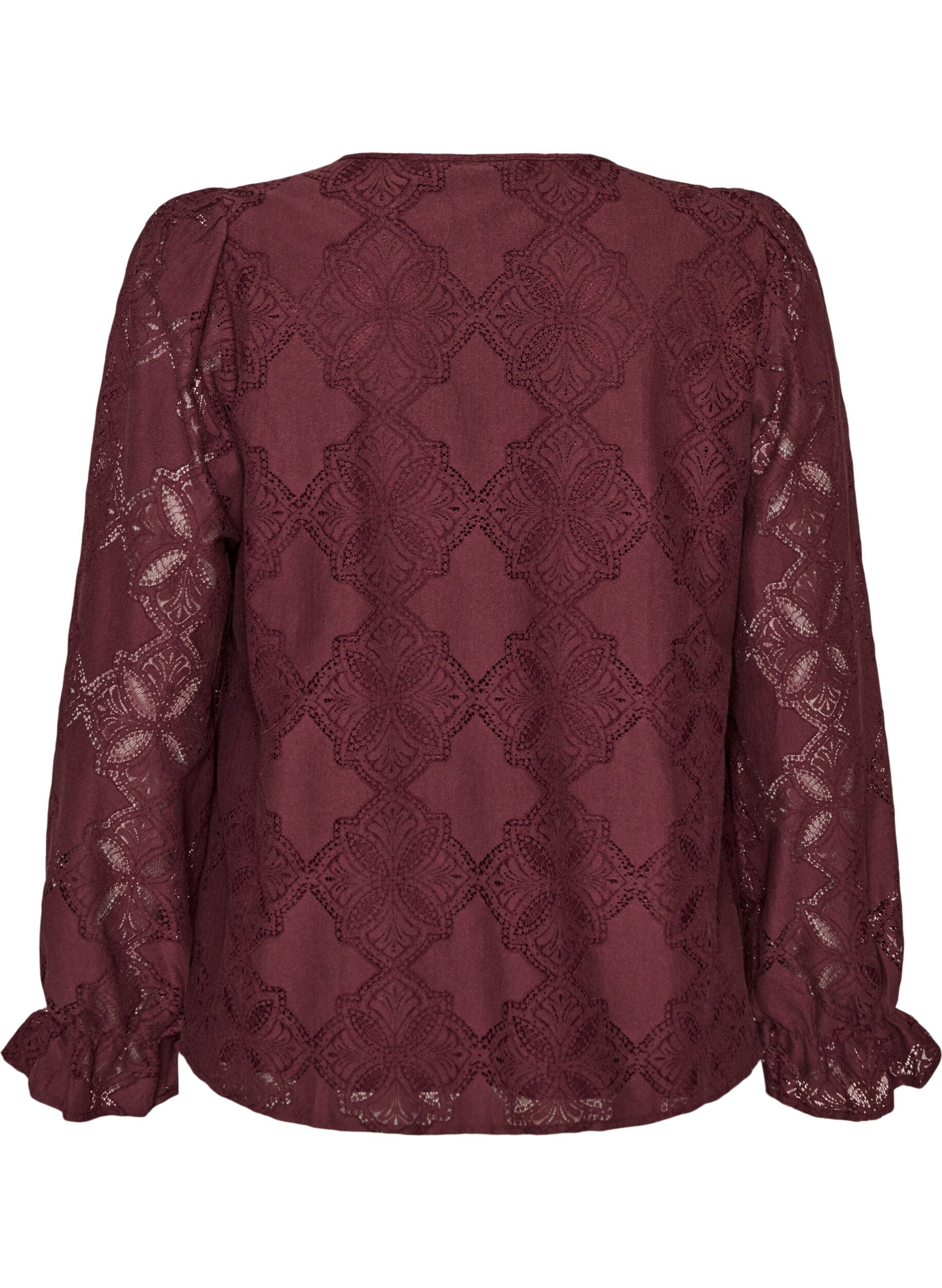 ZizziBlouse met lange mouwen met kantpatroon, Donker Bordeaux, Packshot image number 1