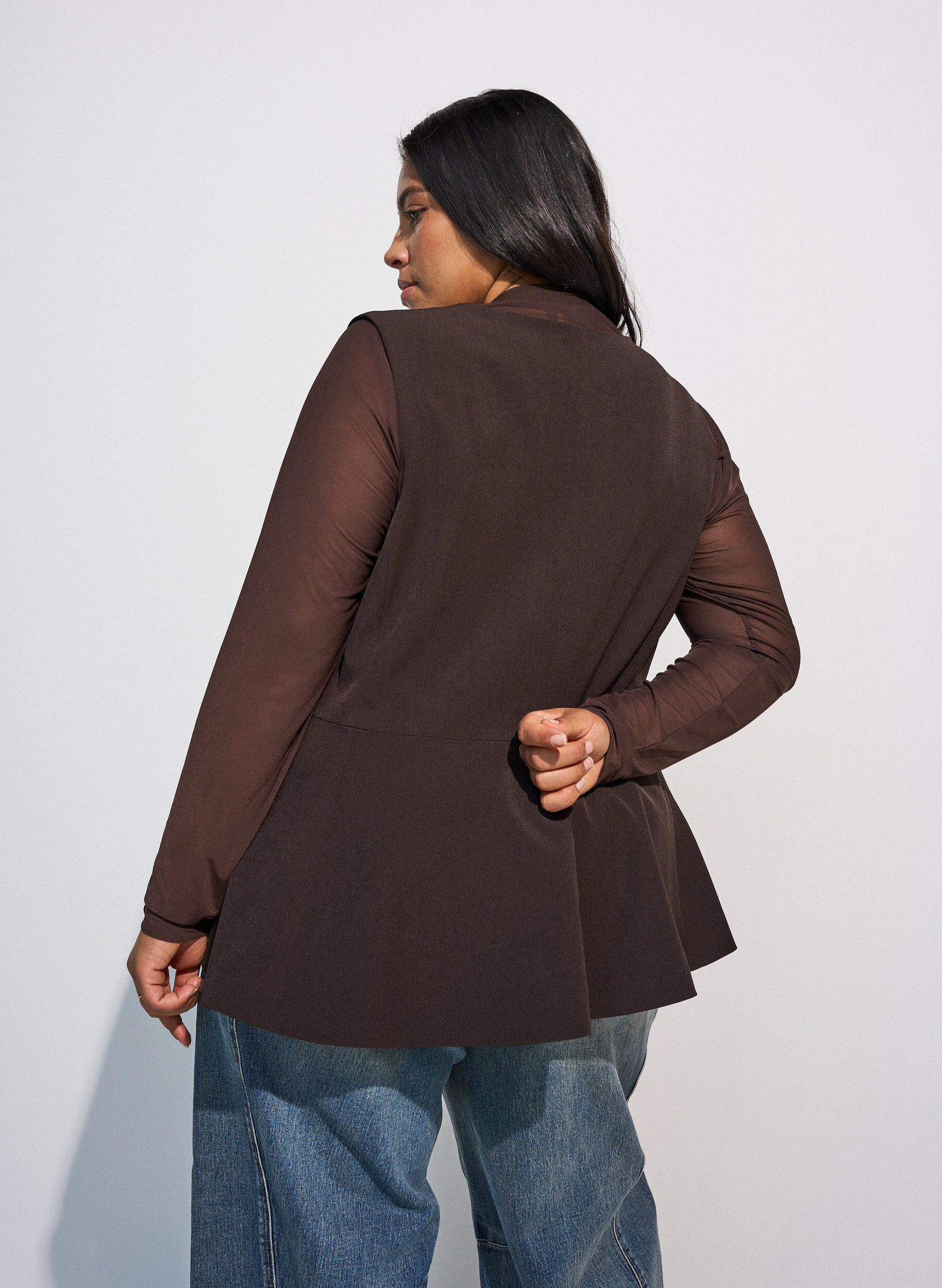 ZizziGetailleerde blouse van mesh met lange mouwen, Bruin, Model image number 2
