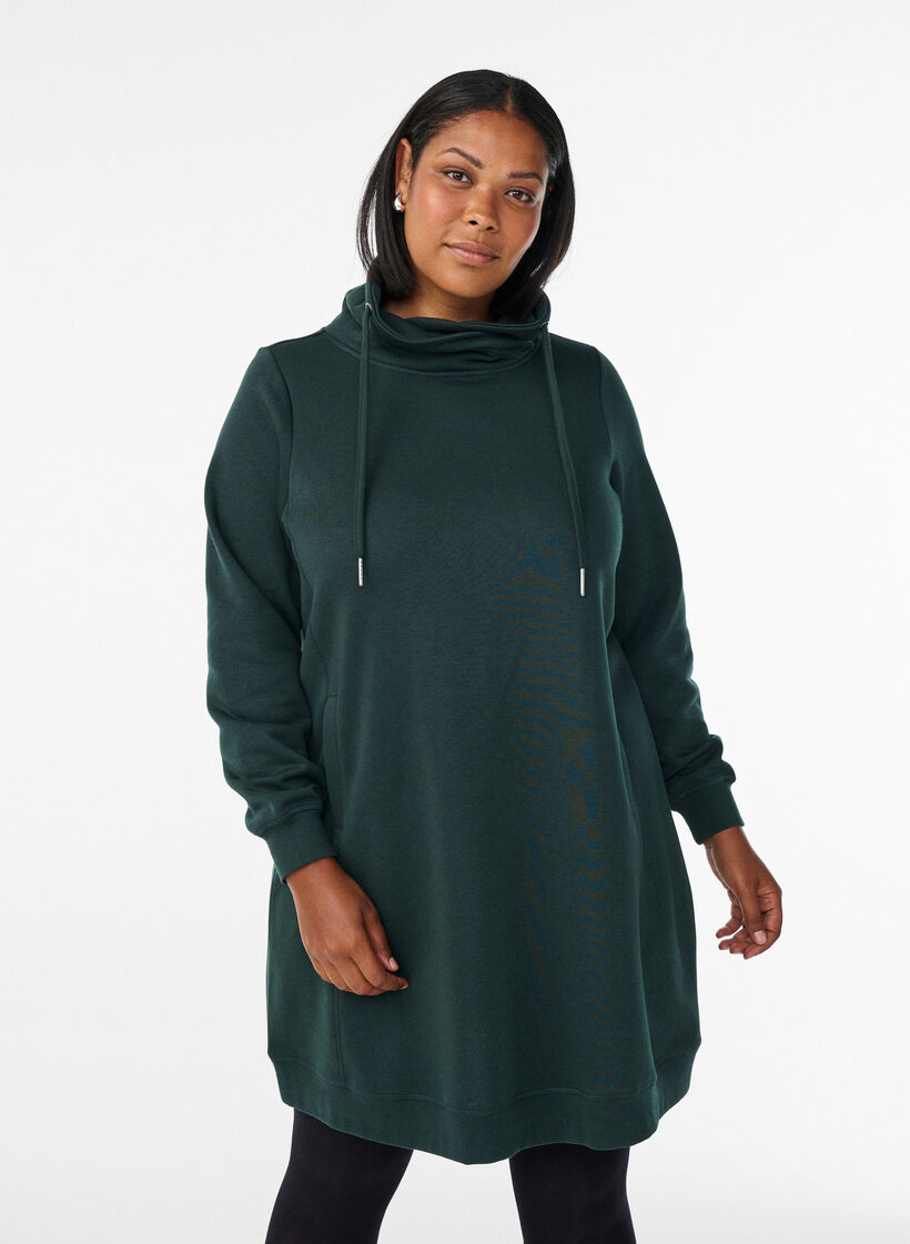 FLASH - Kort sweatshirt jurk met hoge kraag en zakken, Groen, Model image number 0