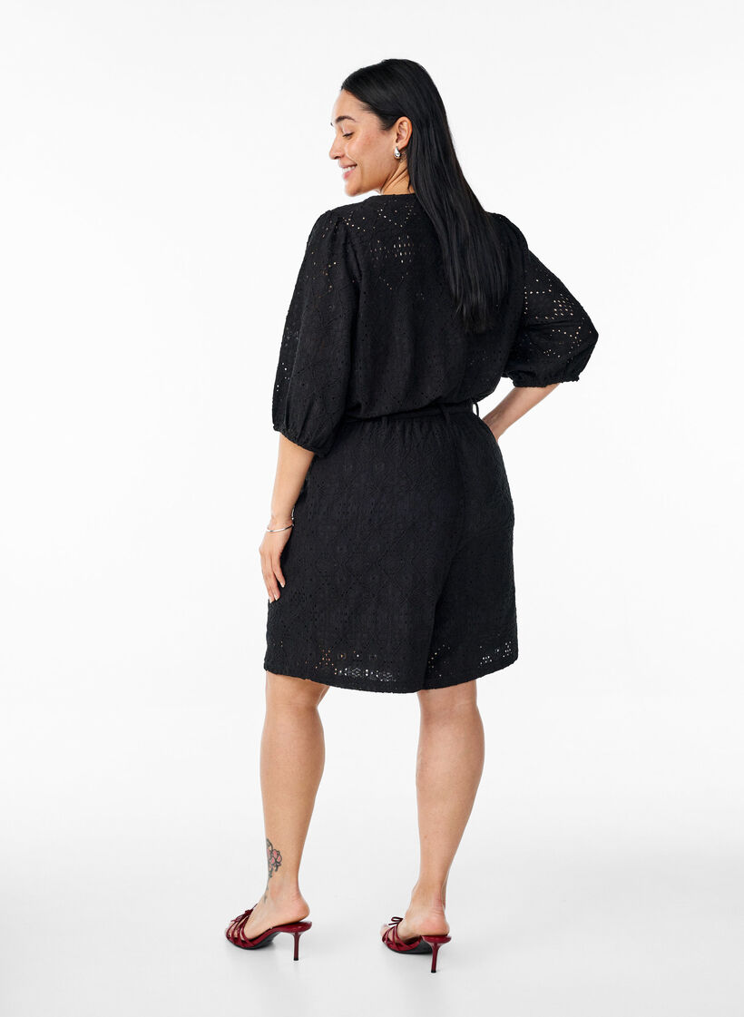 Playsuit met korte mouwen en strik, Black, Model