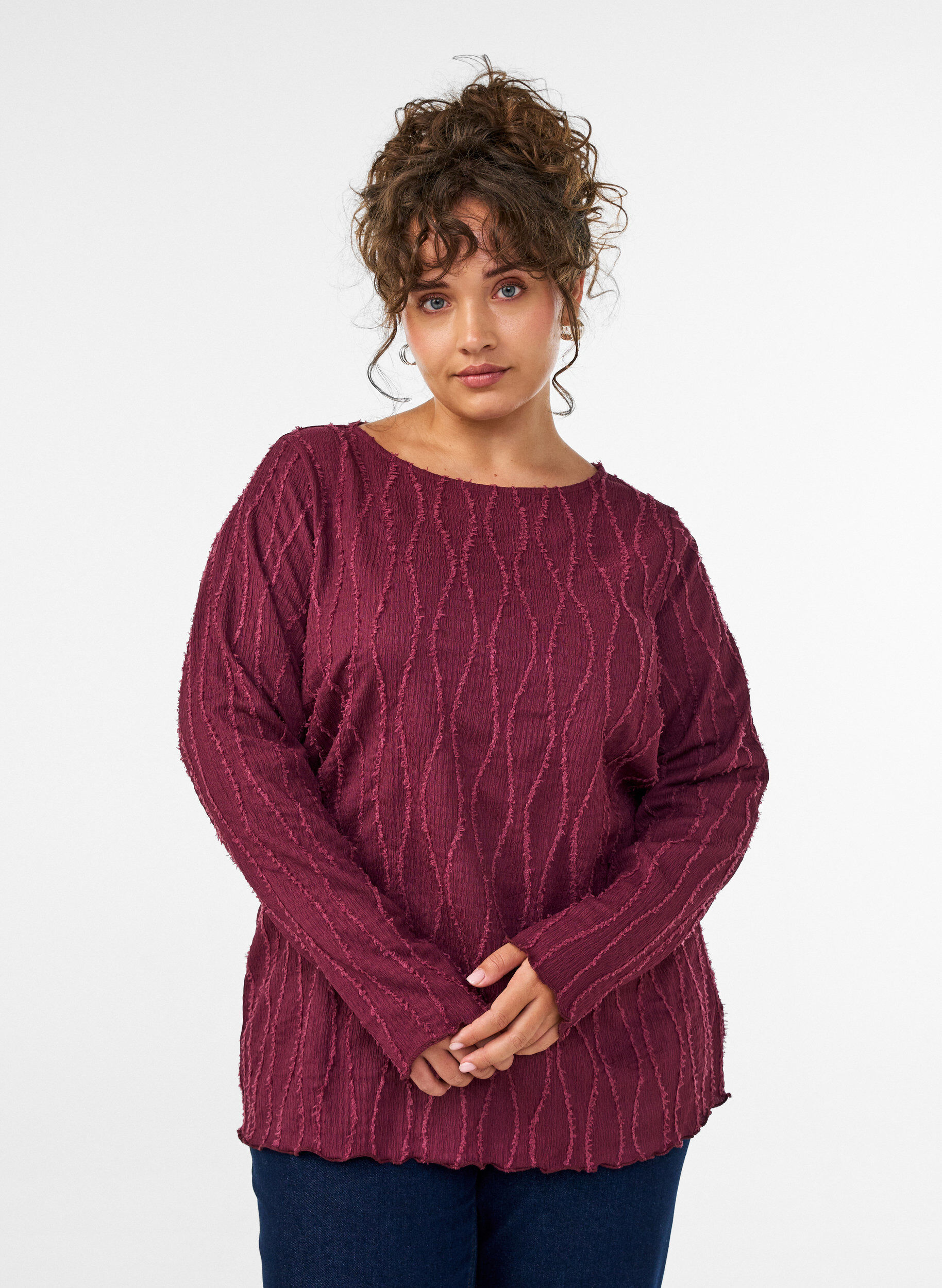 Jersey blouse met een golvende textuur, Rood, Model