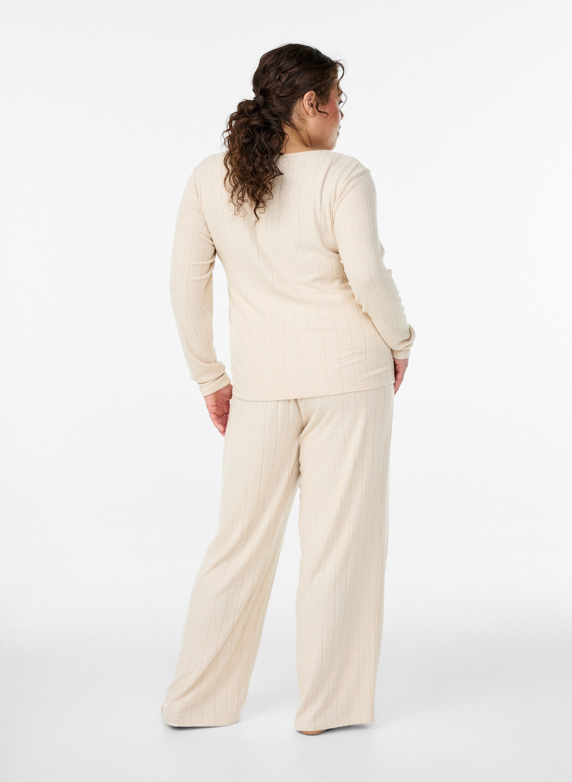 ZizziGeribde jersey lounge broek met hoge taille, Beige, Model image number 1