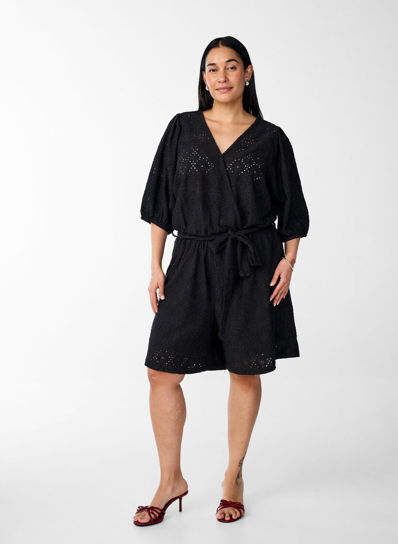 Playsuit met korte mouwen en strik, Black, Model