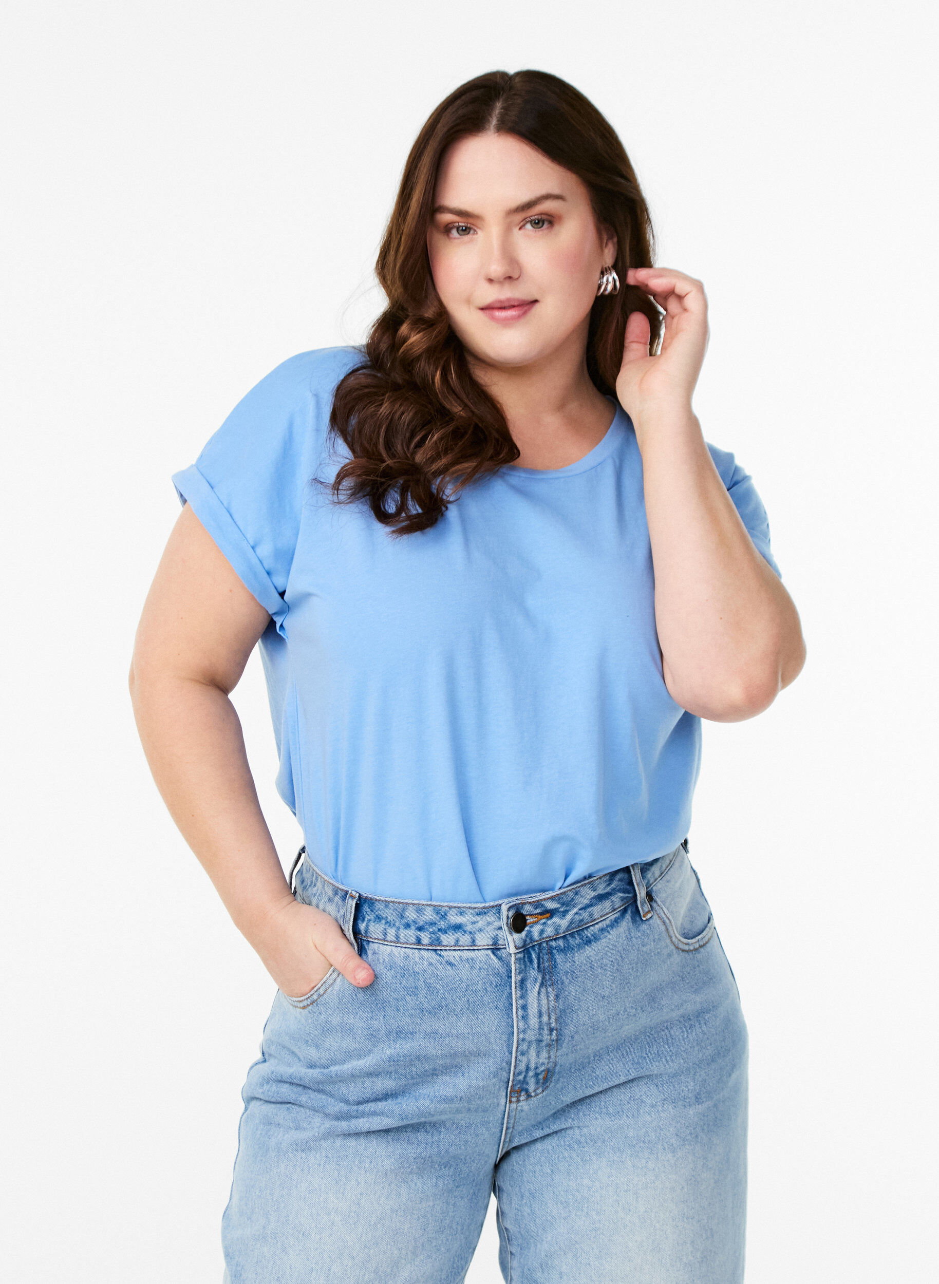 T-shirt &agrave; manches courtes en m&eacute;lange de coton, Bleu Clair, Model