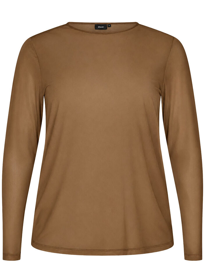 Mesh blouse met lange mouwen, Bruin, Packshot image number 0