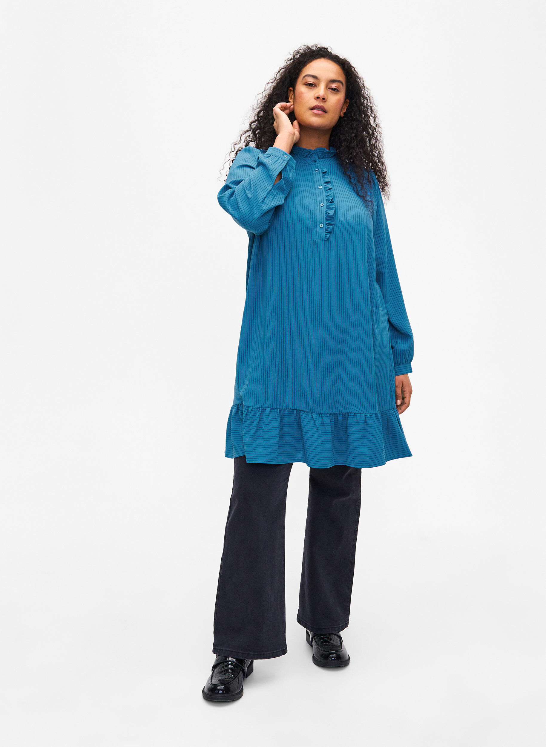 ZizziGestreepte jurk met ruches, Blauw, Model image number 1