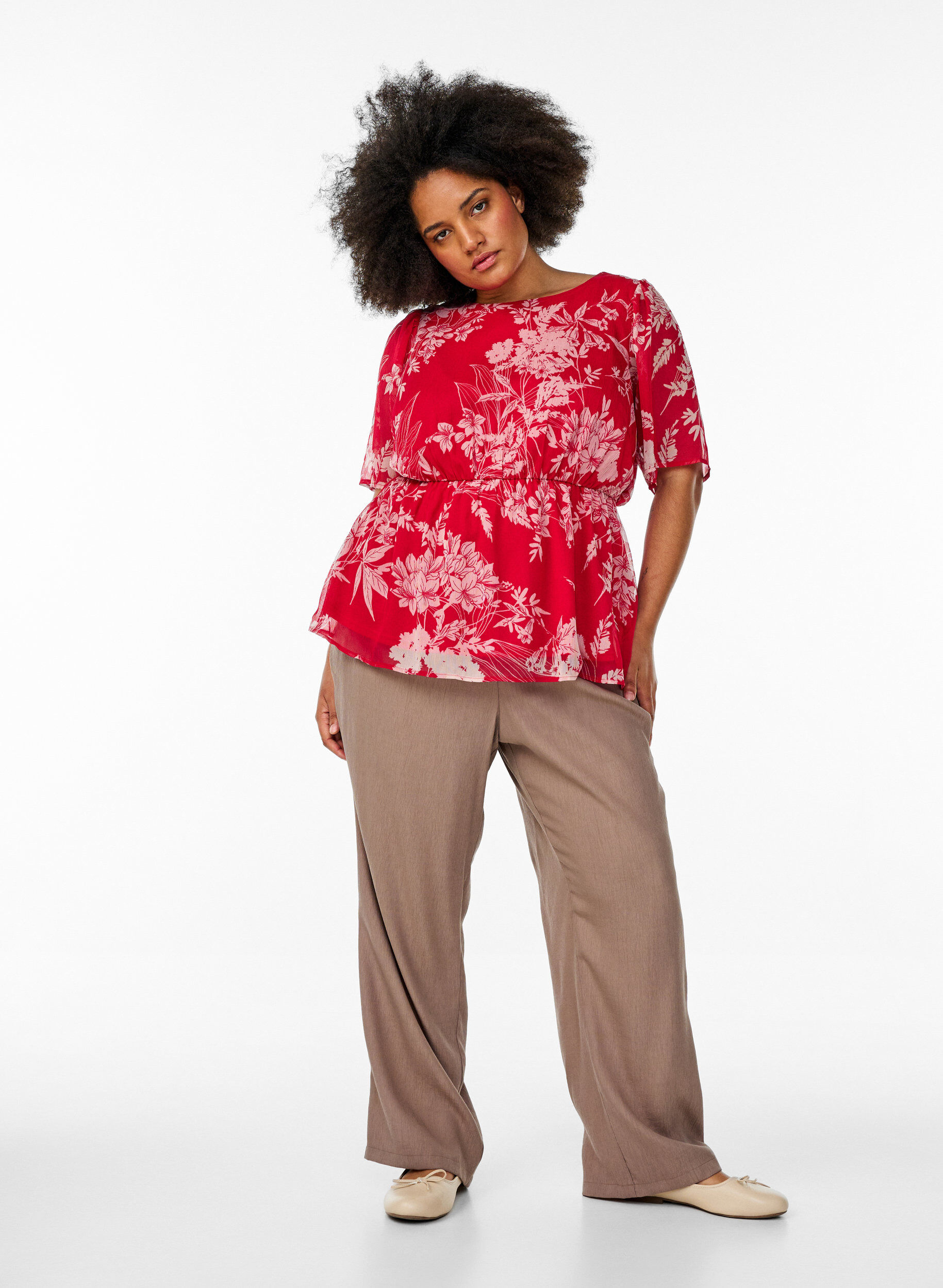 ZizziChiffon blouse met bloemenprint en elastische taille, Rood, Model image number 1