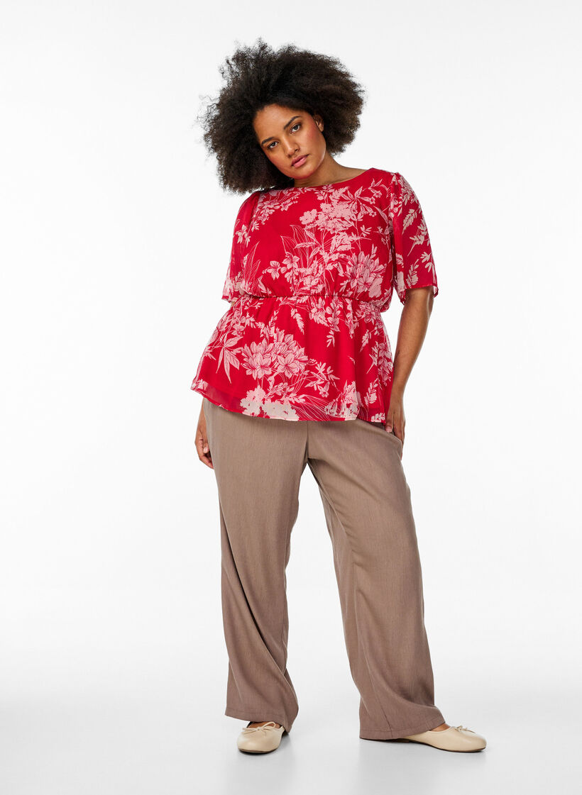 Chiffon blouse met bloemenprint en elastische taille, Rood, Model image number 1