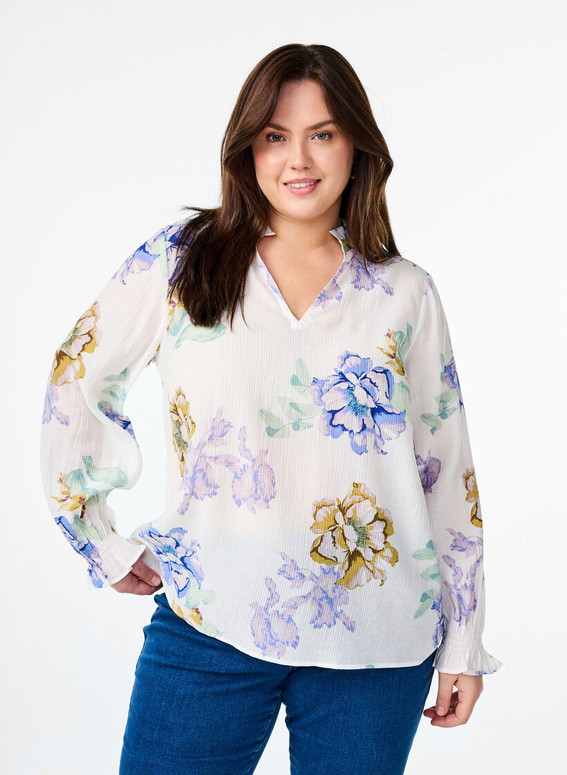 Pliss&eacute; blouse met lange mouwen en bloemenprint, Wit, Model image number 0