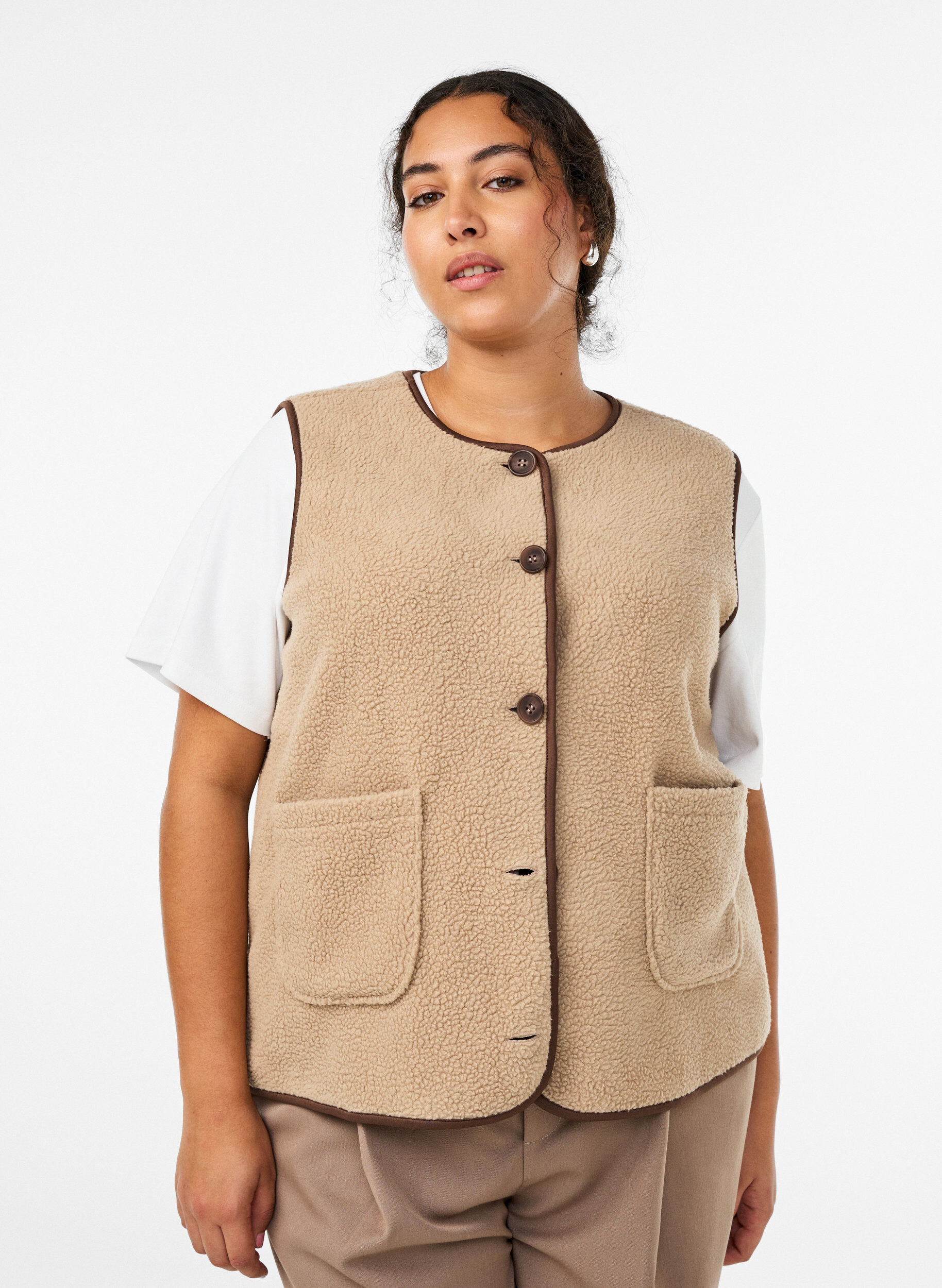 Teddy-fleecevest met contrasterende boorden, Beige, Model