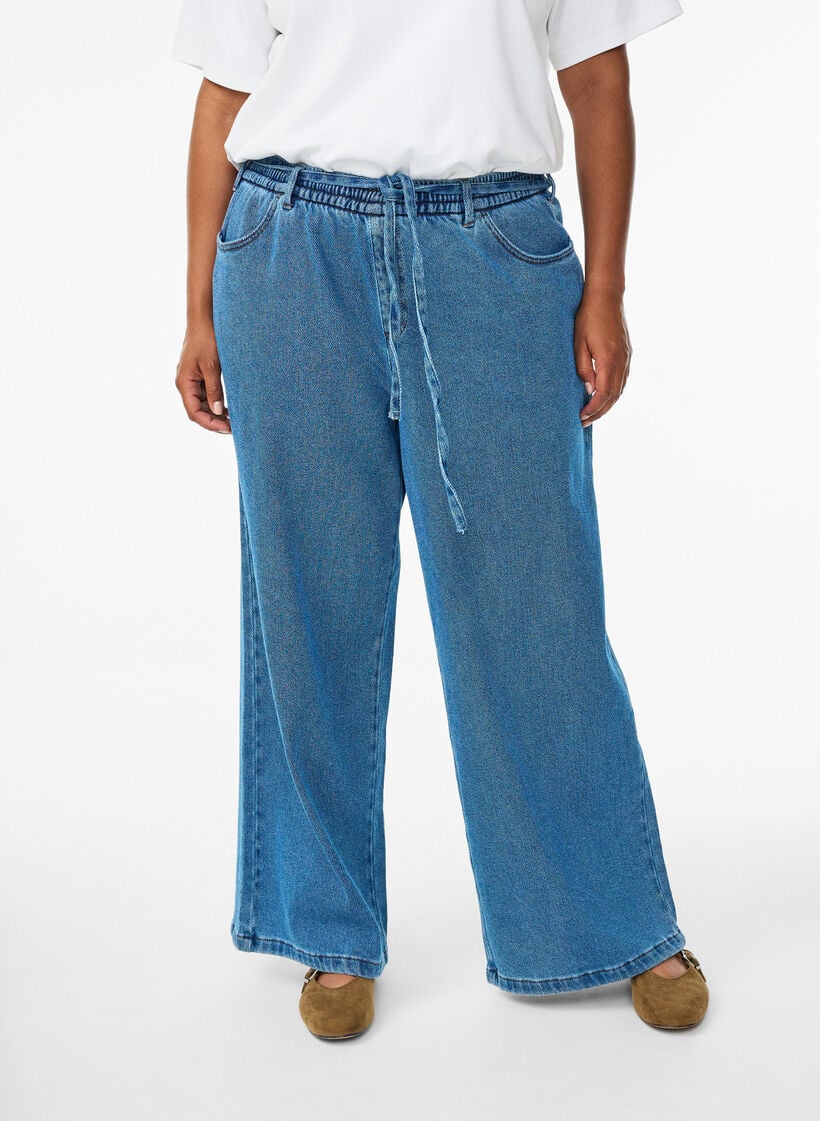 Losse pasvorm jeans met een elastische tailleband en een trekkoord, Blue Denim, Model