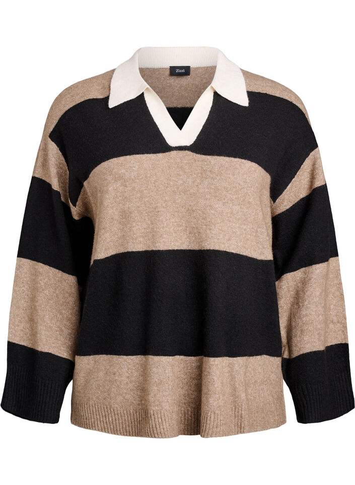 Gebreide blouse met kraag en V-hals, Zwart, Packshot image number 0