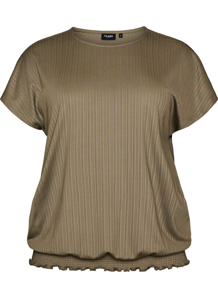 Jersey blouse met gestructureerde strepen en een gesmokte zoom, Bruin, Packshot image number 0
