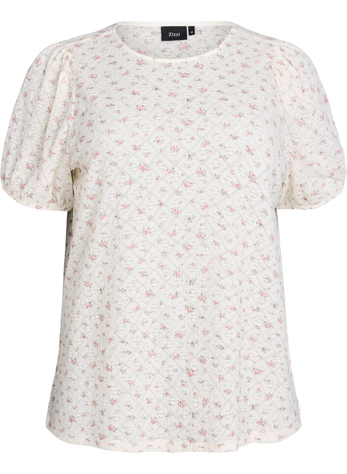 Jersey blouse met korte mouwen en bloemenprint, Wit, Packshot image number 0