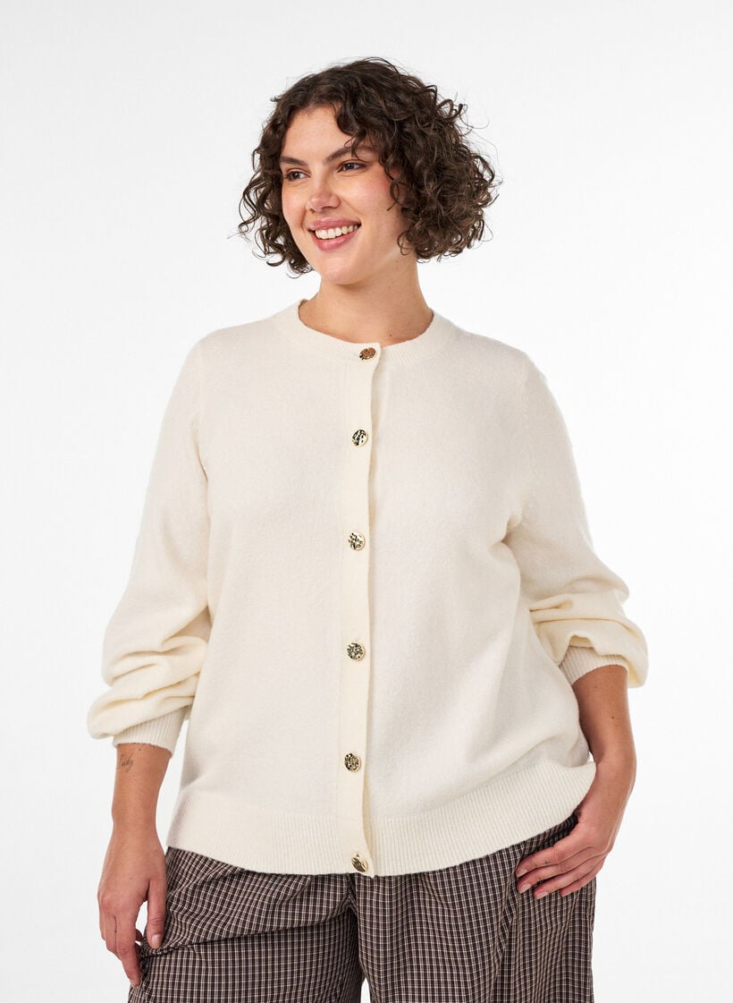Cardigan in zacht breisel met goudkleurige knopen, Vanille, Model image number 0