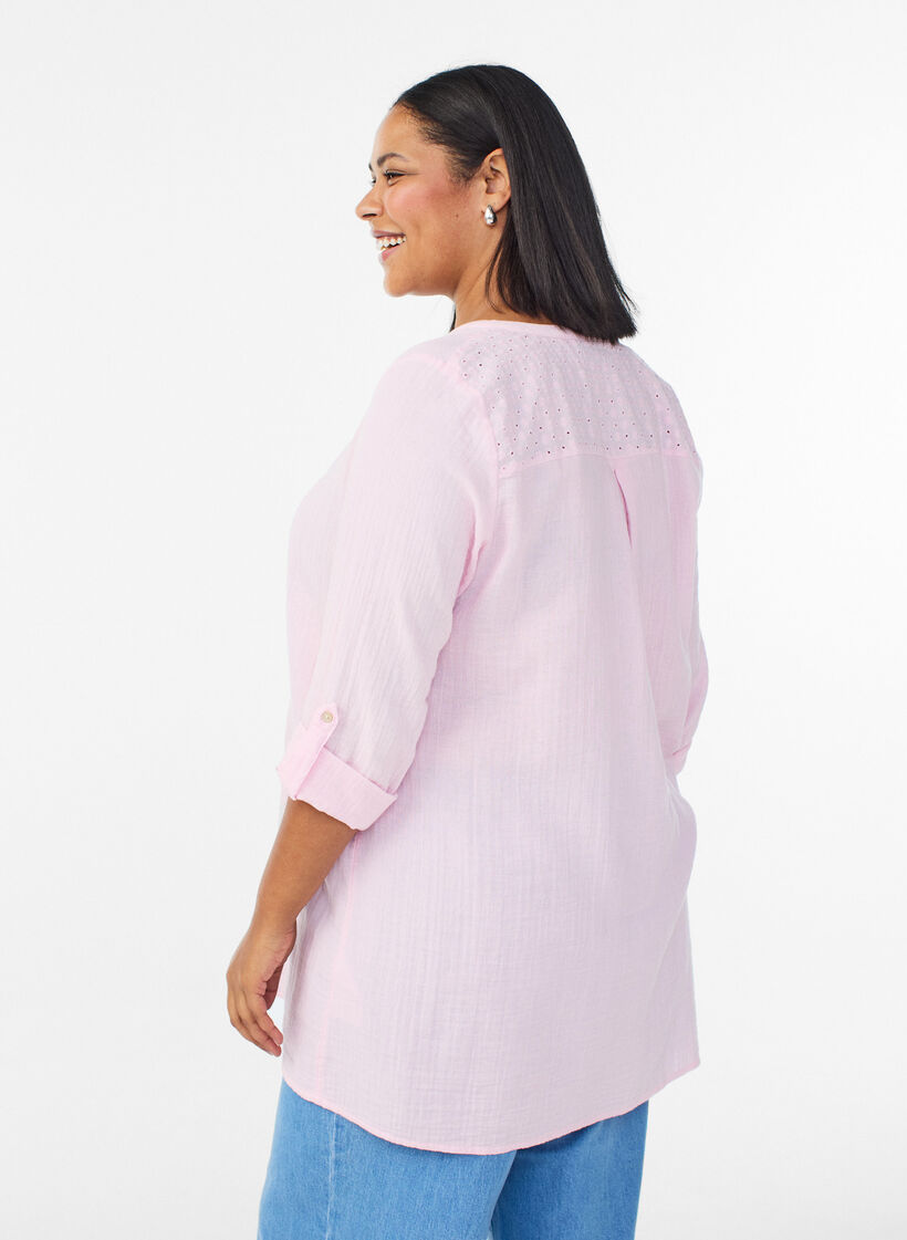 Katoenen mousseline tuniek met broderie anglaise, Roze, Model image number 2