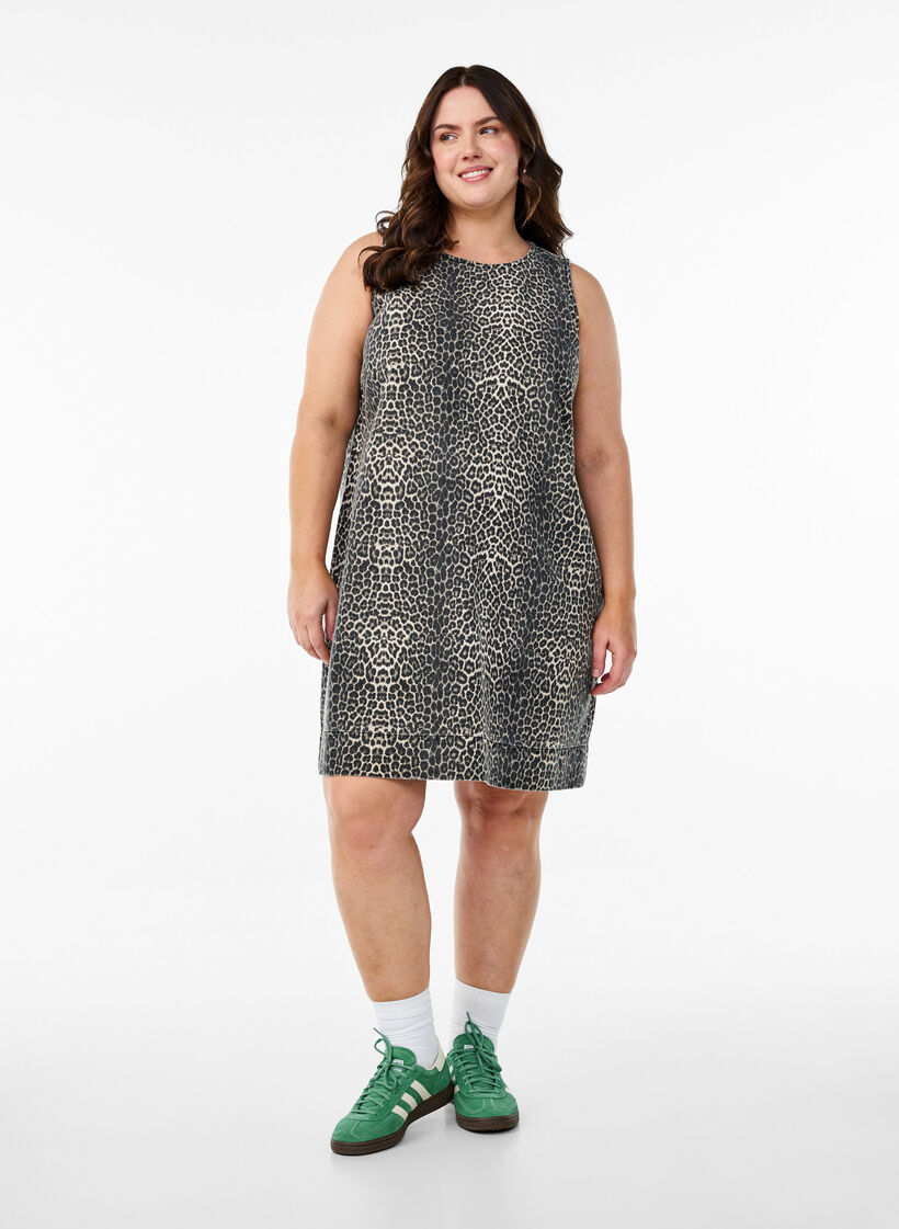 Korte mouwloze denim jurk met luipaardprint, Leopard, Model