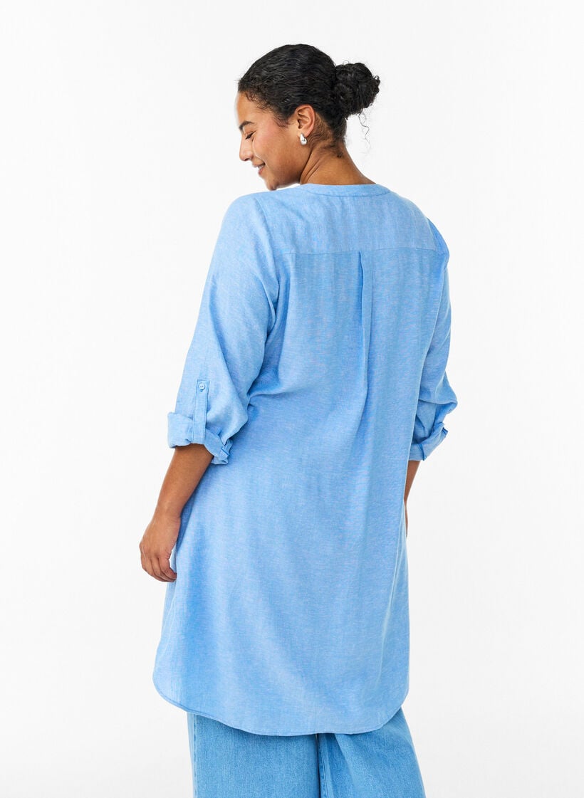 Lang shirt in linnen en viscose, Blauw, Model image number 2