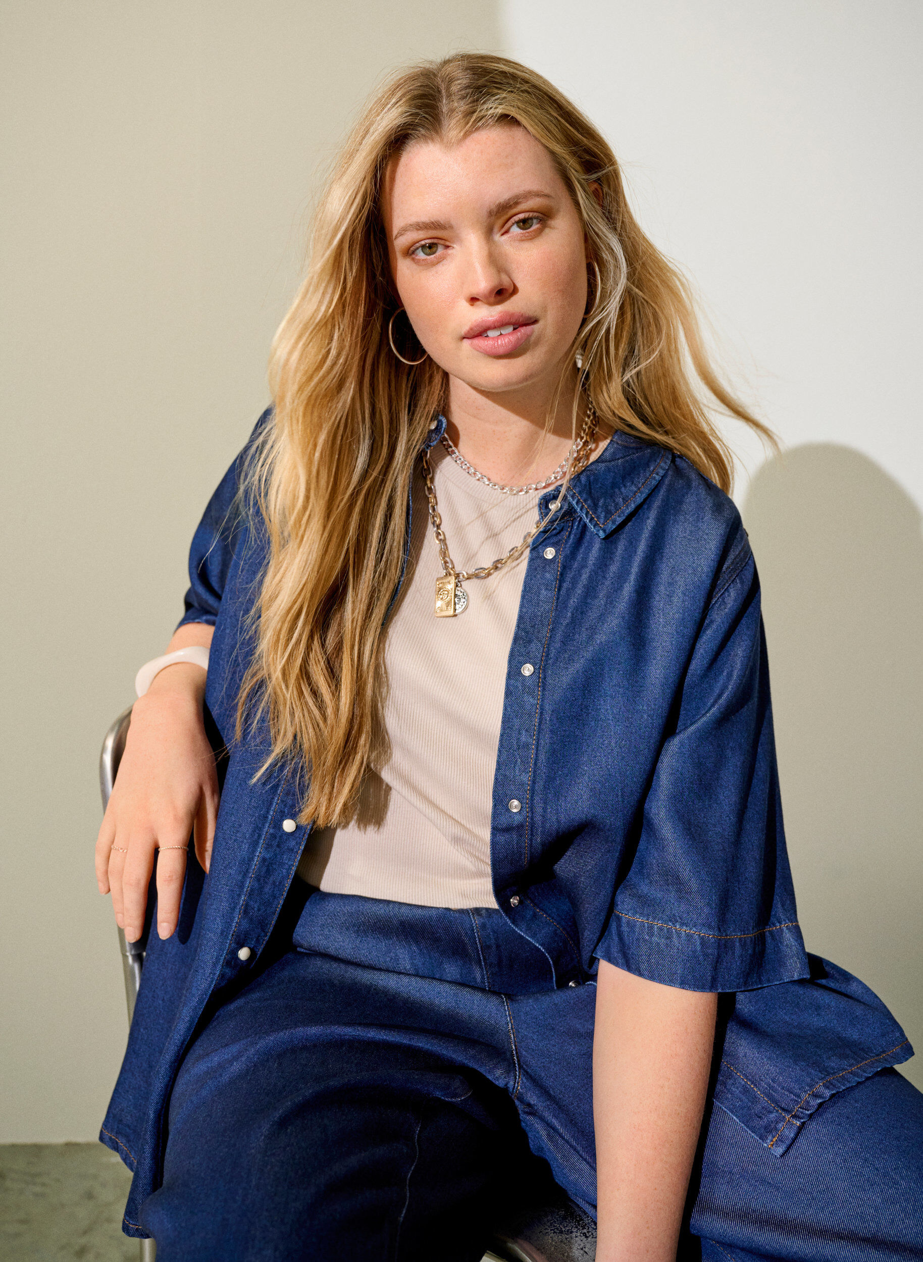 ZizziDenimlook lyocell shirt met korte mouwen, Blauw, Image image number 0