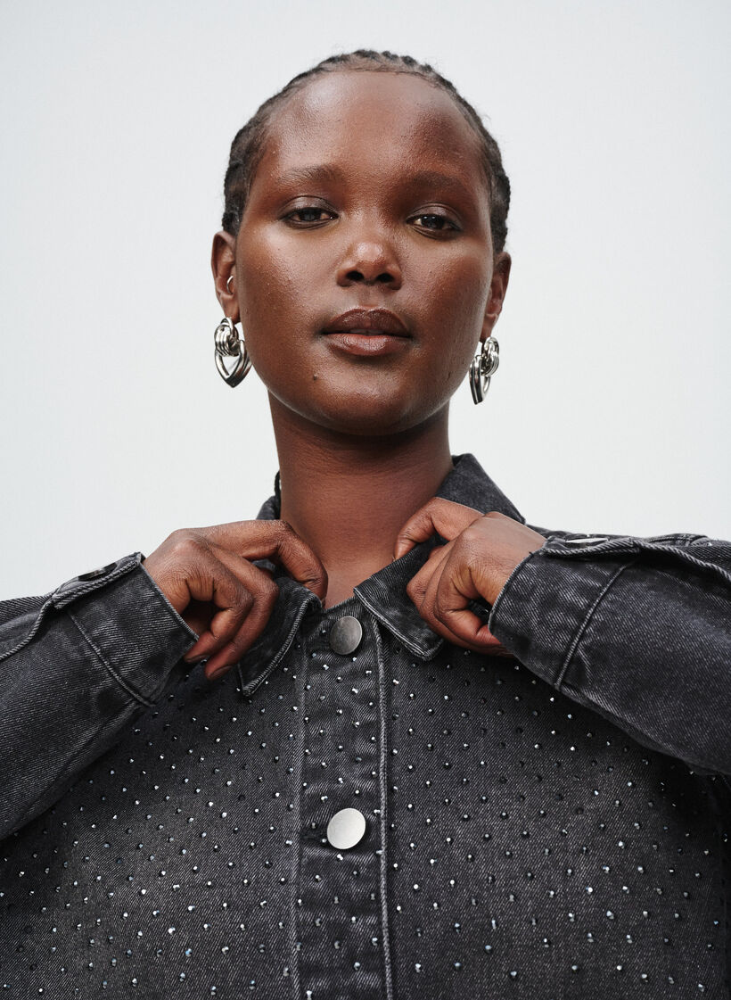 Denimjas met rhinestones en grote zakken aan de voorkant, Grey Denim, Image