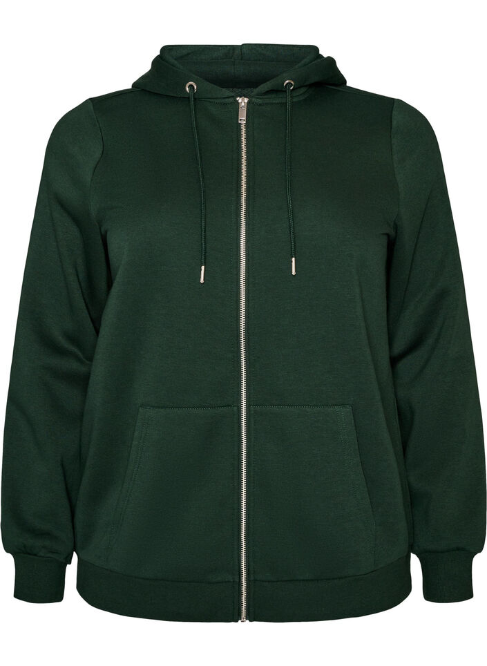 Sweatshirt met capuchon, ritssluiting en zakken, Groen, Packshot image number 0
