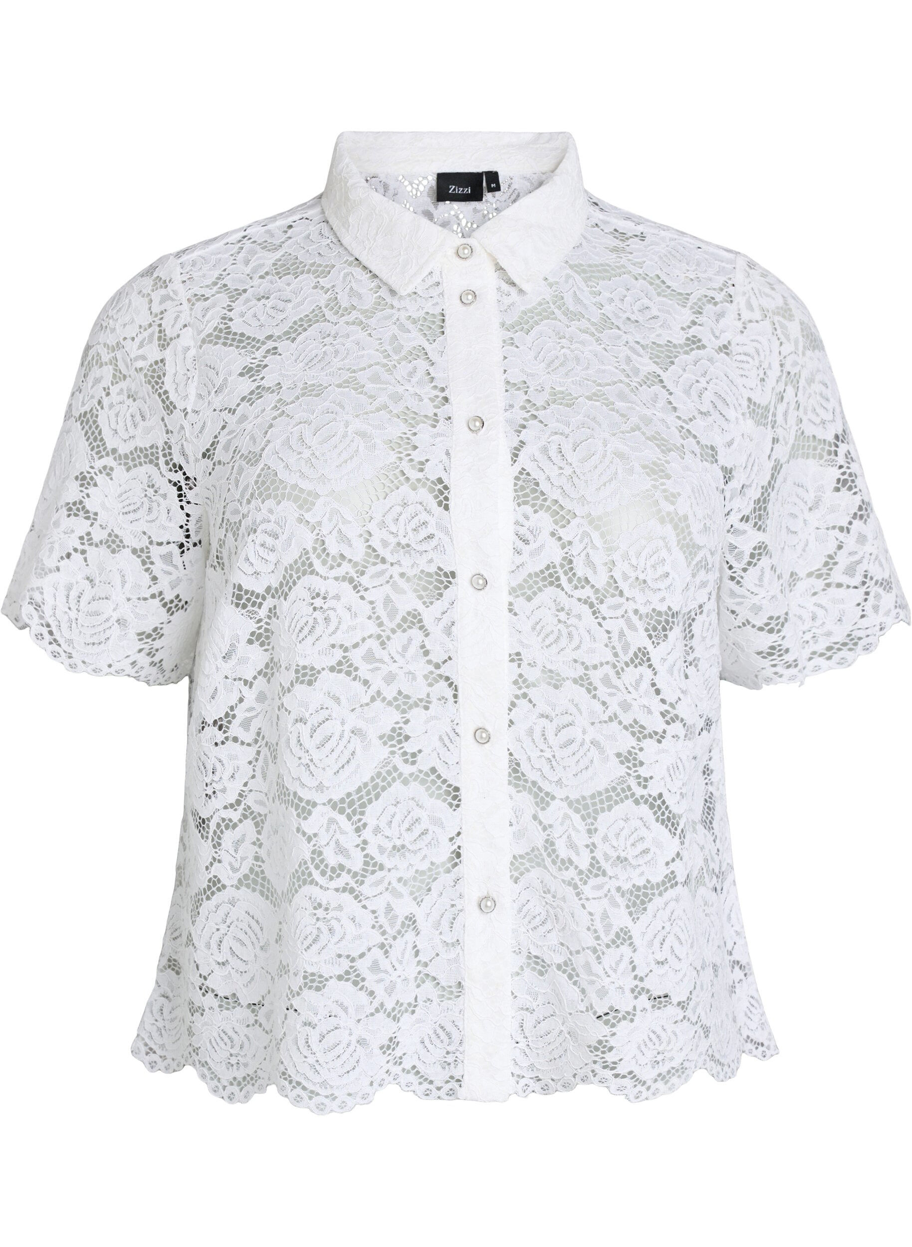Kanten shirt blouse met parelknopen