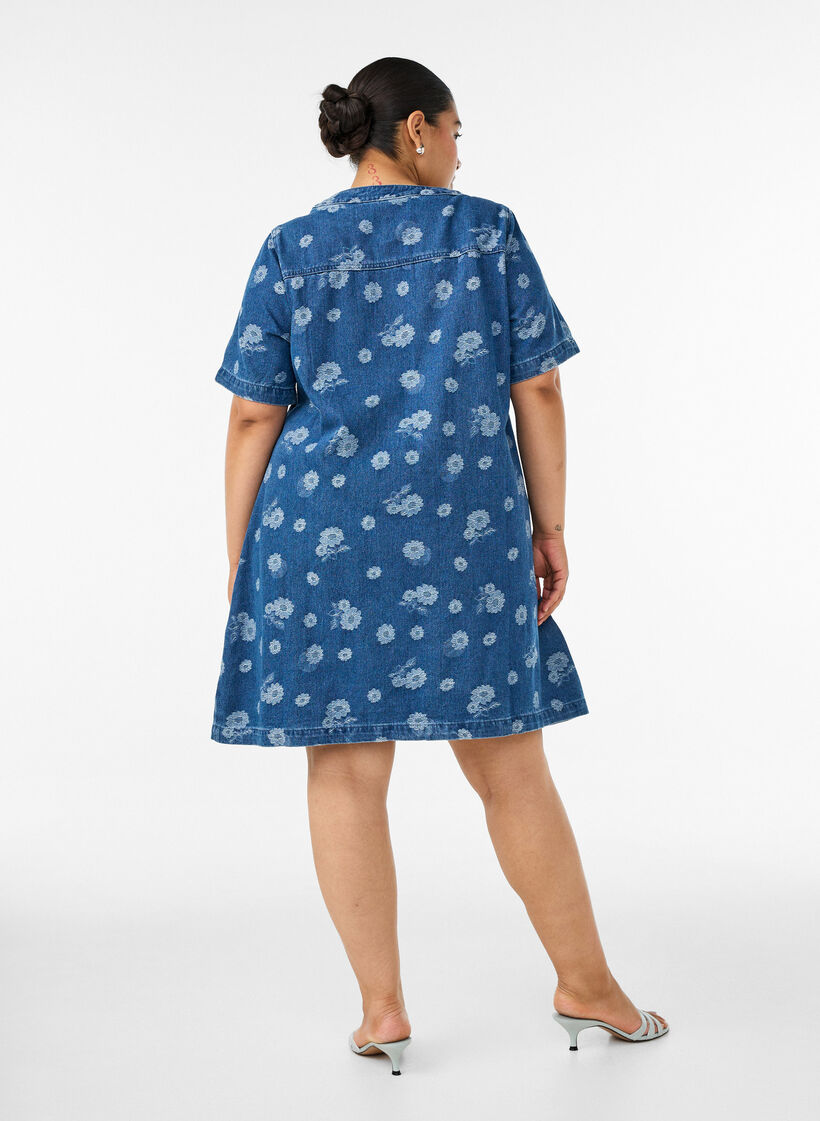 A-lijn denimjurk met bloemenpatroon, Blauw, Model image number 2