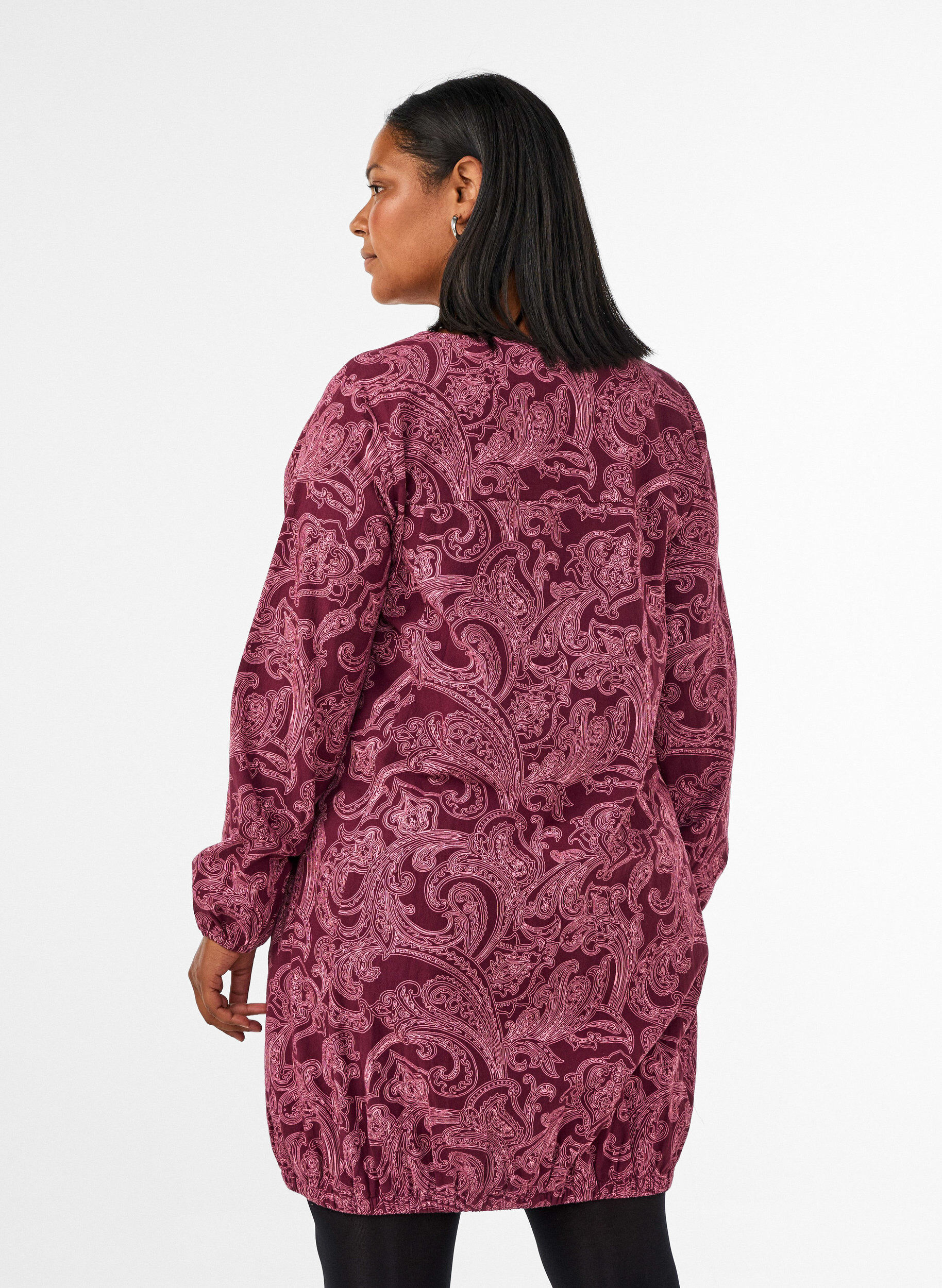 ZizziKorte katoenen jurk met een elastische zoom en lange mouwen, Donker Bordeaux, Model image number 2