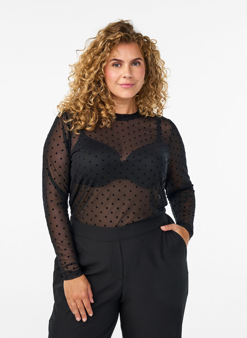 Mesh blouse met stippen, Zwart, Model image number 0