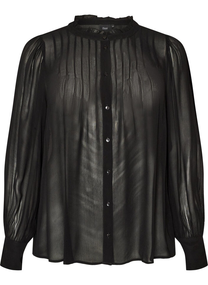 Viscose blouse met een ruchekraag, Zwart, Packshot image number 0