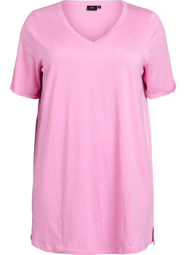 Enkelkleurig oversized T-shirt met V-hals, Roze, Packshot image number 0