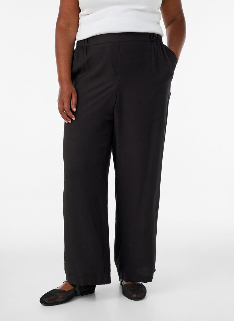 Viscose broek met elastische taille en rechte pijpen, Zwart, Model image number 2