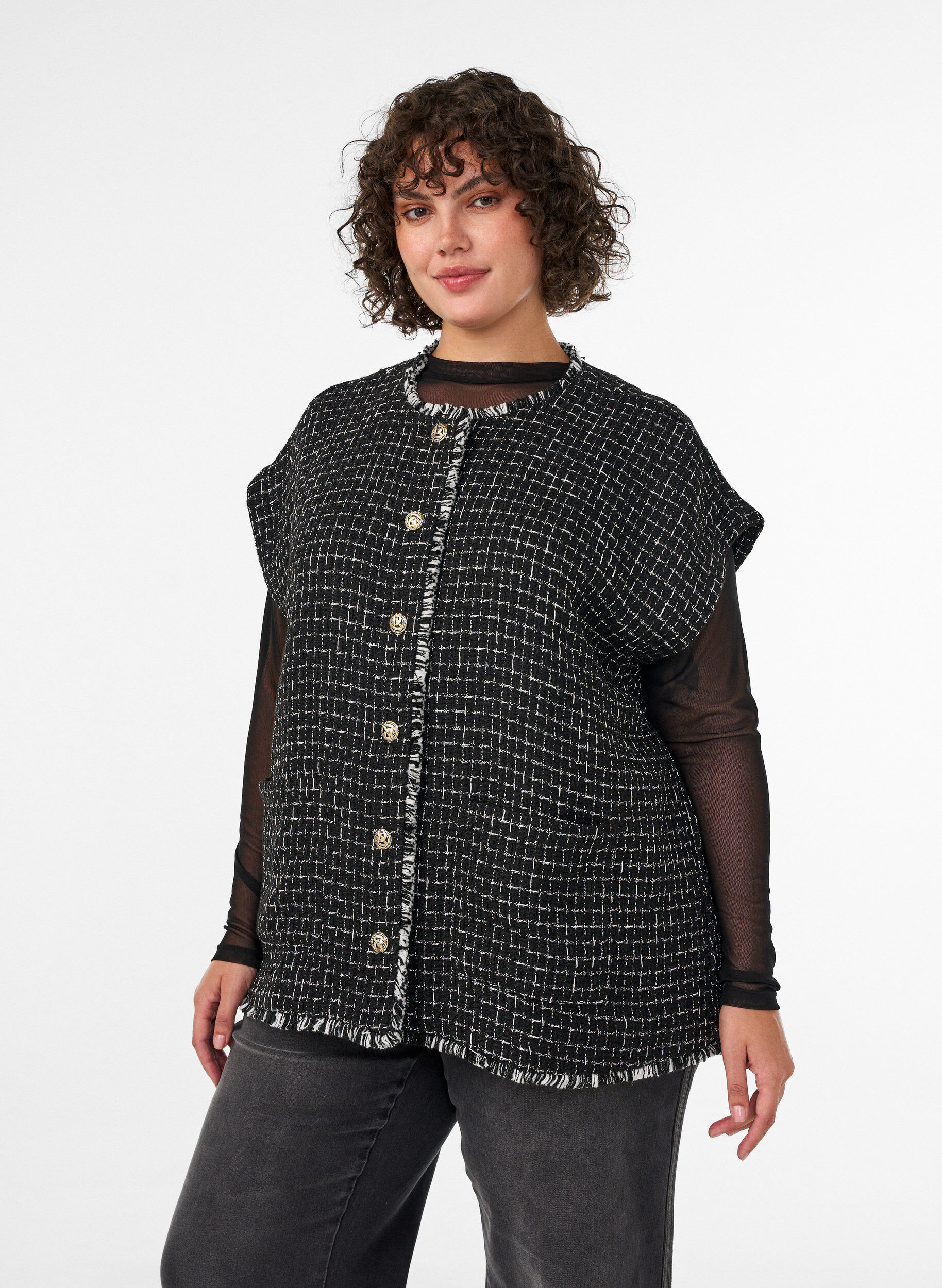 Geruite gilet met decoratieve knopen, Zwart, Model