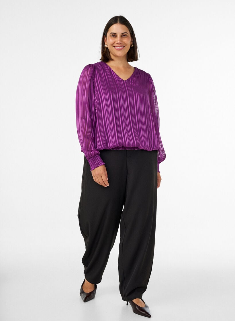 Gestreepte blouse met ballonvorm, Paars, Model image number 1