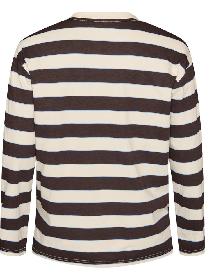 Gestreepte jerseyblouse met een sportieve tekstprint, Bruin, Packshot image number 1