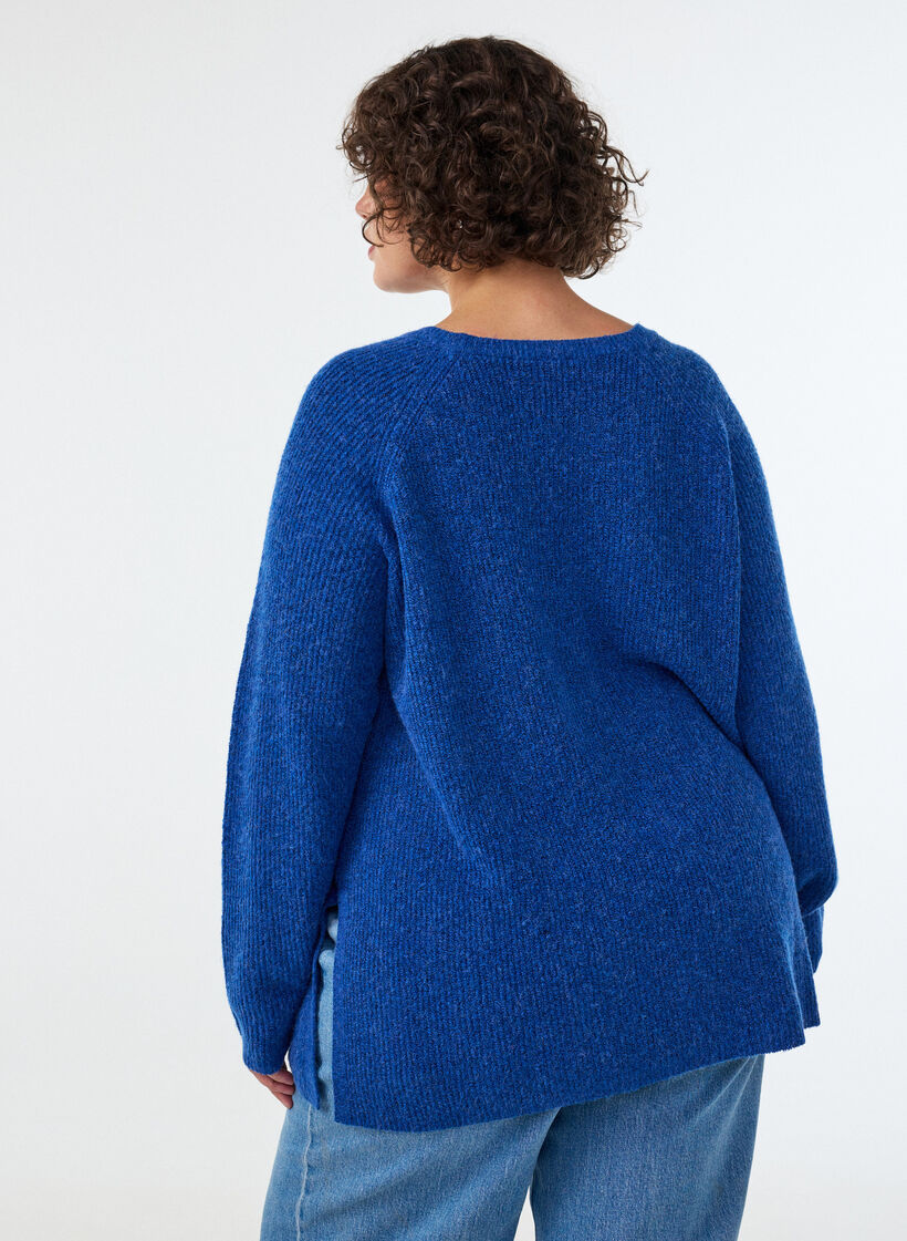 Gebreide trui met een diagonaal patroon en raglanmouwen, Blauw, Model image number 2
