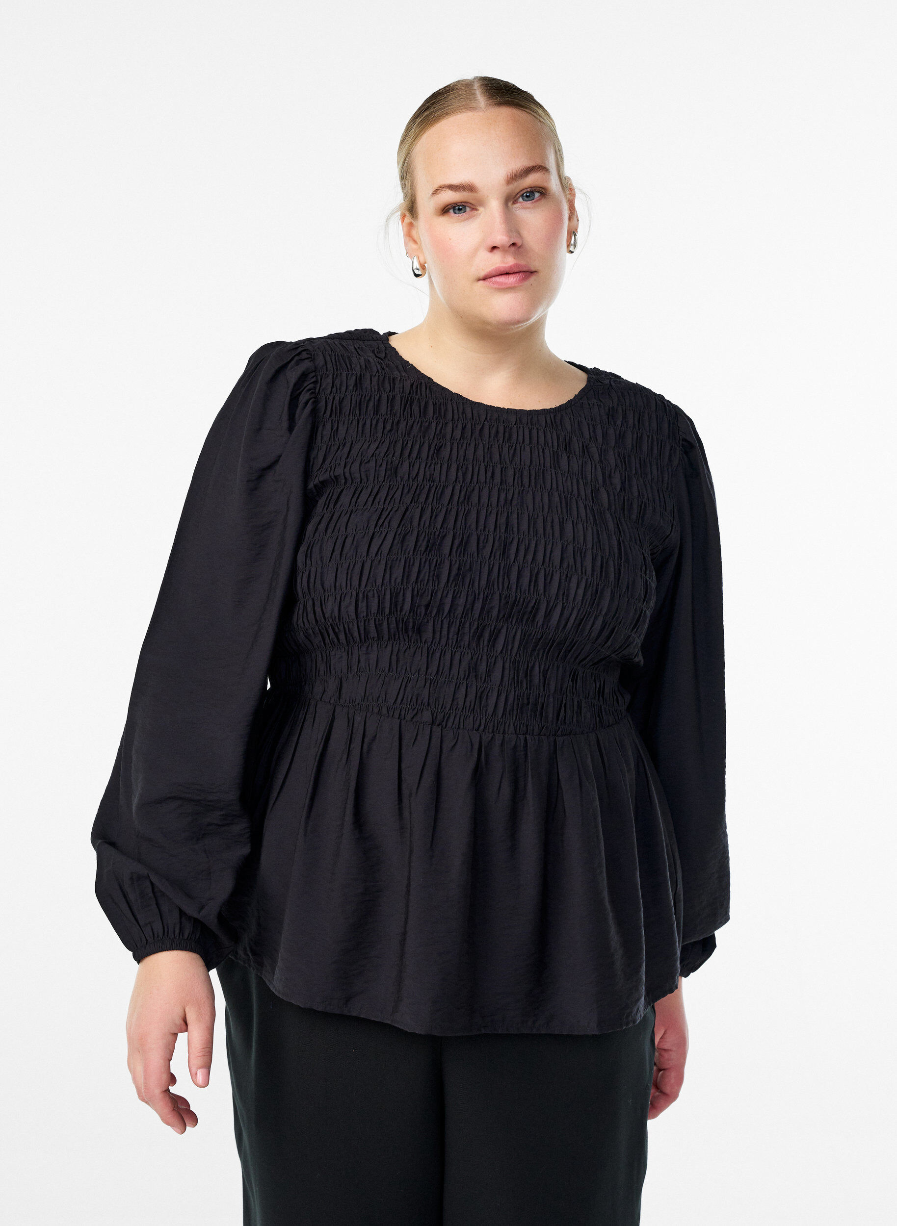 ZizziBlouse met smock en lange mouwen, Zwart, Model image number 0