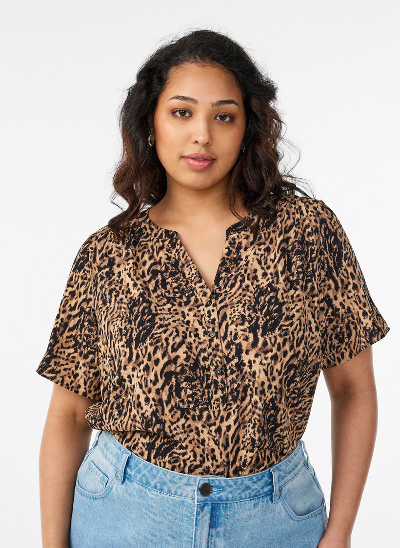 Blouse met korte mouwen en v-halslijn, Bruin, Model image number 0